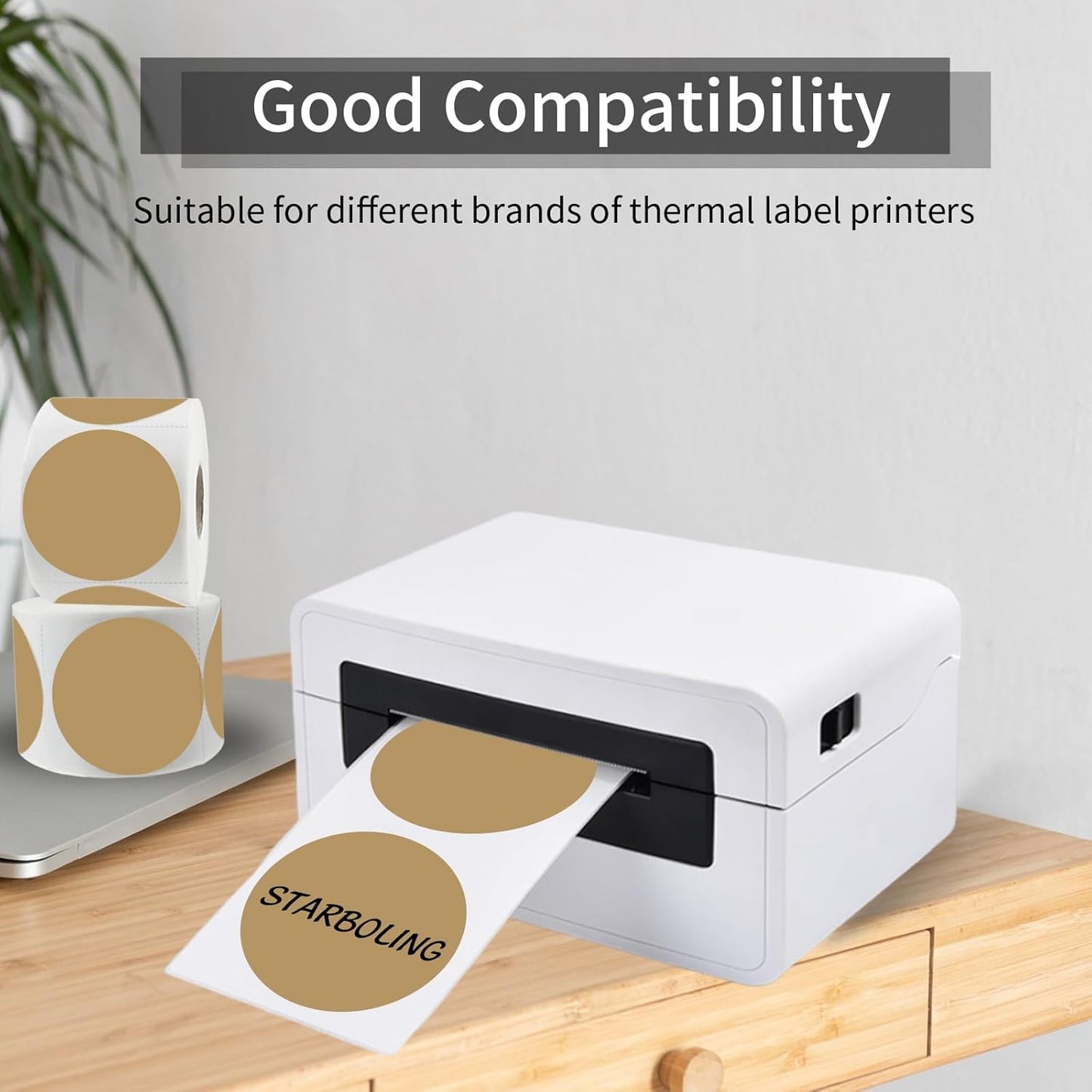 Thermal Labels,2 Inch Brown Round Thermal Printer Stickers,Self-Adhesive Round Direct Thermal Labels,Thermal Stickers for DIY Logo Design,Name Tag (500/Roll