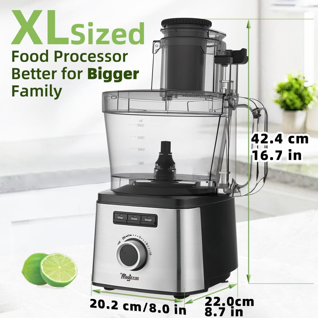 14-Cup Lemon Slicer Food-Processor - Large Feed Chute, 13 Speeds & Pulse, 3 Programs，Cheese Shredding, Cutting Fries, Meat Chopping, Shredding and Slicing, Mixing and Doughing, for Home Use