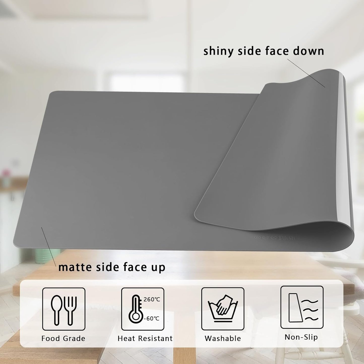 Silicone Placemats, Food-Grade Non-Slip Waterproof, Dining, Stain Resistant, Countertop Protector, Kitchen Counter Mat, Heat Resistant, Baking mat Dishwasher Safe (25.6"×17.7"-1pack Thicken, Gray)