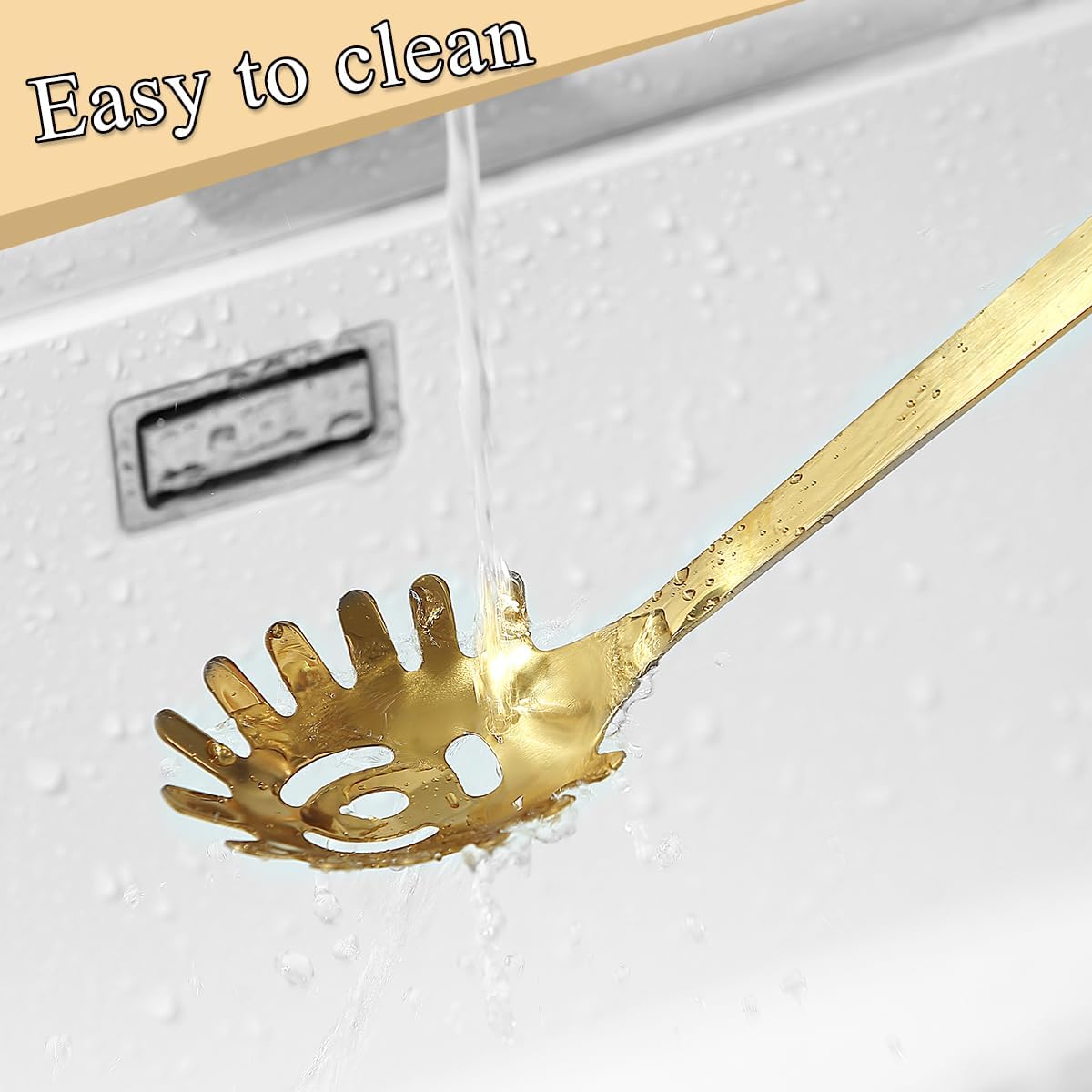 Gold Spaghetti Spoon, ReaNea Pasta Server, Stainless Steel Pasta Spoon with Teeth, One-Piece Metal Pasta Fork, Noddle Fork Gold Kitchen Accessories Utensils, Heat Resistant, Dishwasher Safe