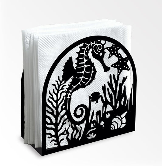 Seahorse and Coral Decorative Black Metal Napkin Holder for Table, 4.9" x 4.9" x 1.9" Ocean Standing Napkin Holder for Home Kitchen Restaurant Picnic Party Coffee Bar Dining Room