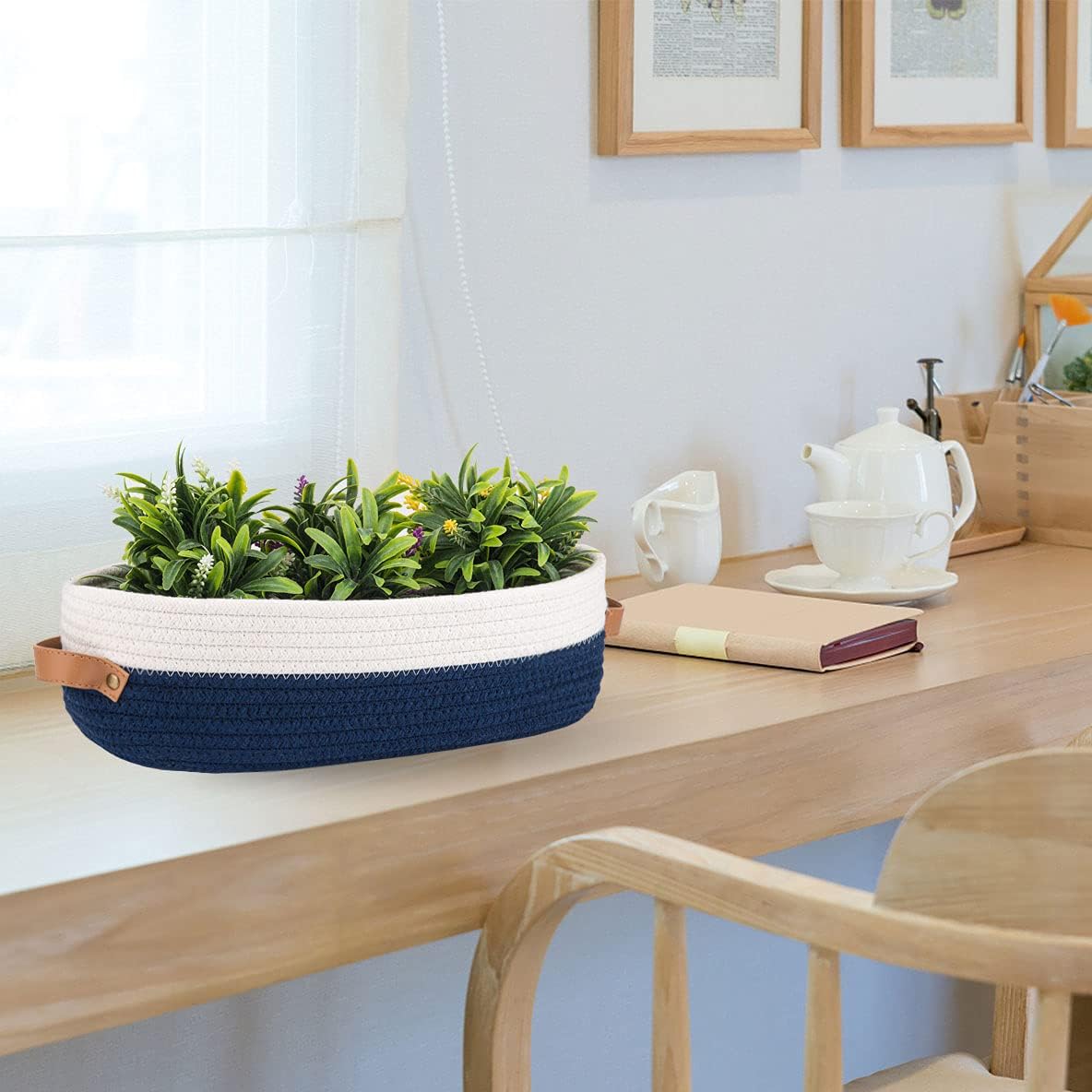 Toilet Basket,Woven Storage Basket for Toilet Tank Top Farmhouse Home Decor Organizing Baskets 13"x5.9"x4" Navy Stitching White