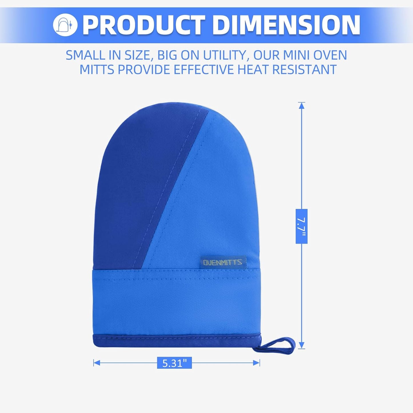 Mini Oven Mitts, Kitchen Oven Gloves Kitchen Mittens 500 Degrees Heat Resistant Baking Gloves, Non-Slip Silicone Surface with Hanging Loops Hot Gloves for Cooking, Baking, BBQ 1 Pair-Blue