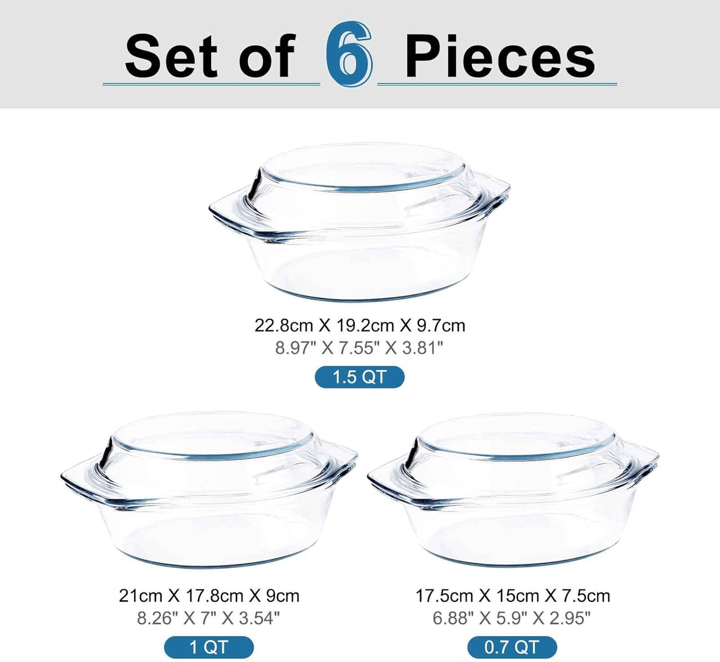 Set of 6 Pieces Round Tempered Glass Casserole Dish with Lids, Glass Casserole Baking Dish Set for Oven, Freezer and Dishwasher Safe - 0.7QT+1QT+1.5QT