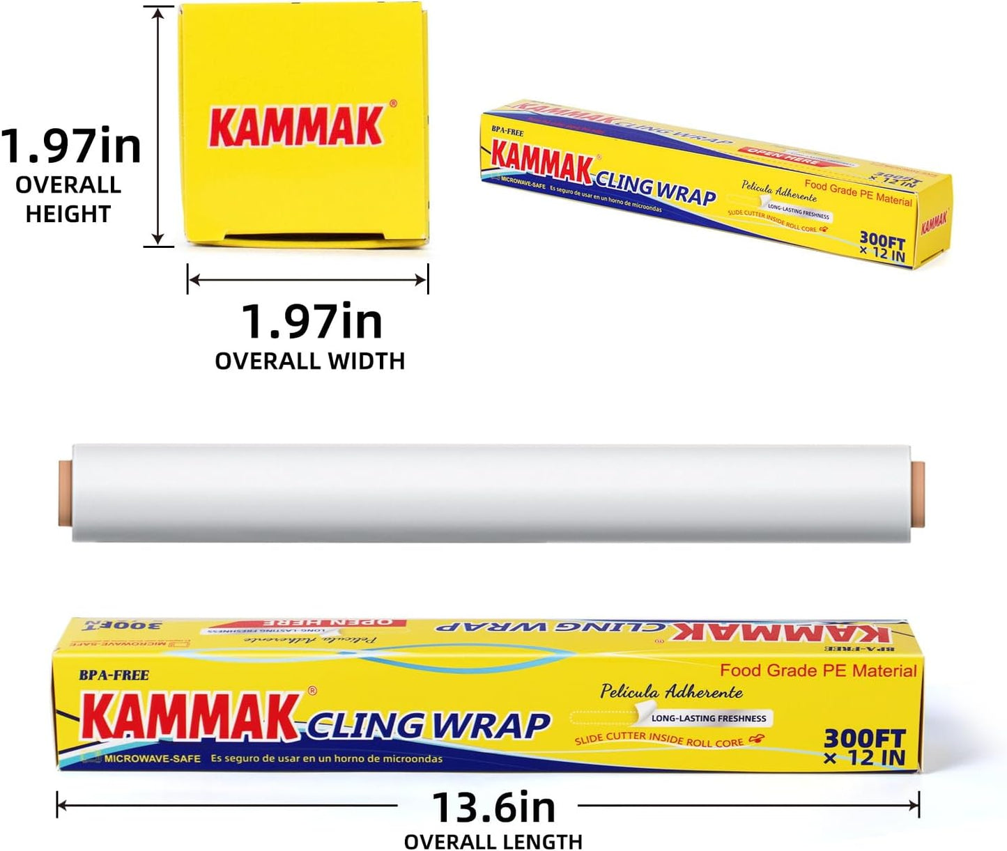 KAMMAK Plastic Wrap with Slide Cutter Food Cling Wrap 12 Inch Kitchen Cling Film BPA-Free Microwave-Safe 300 Ft Roll Food Service Film Quick Cut for Restaurant (2 Pack)