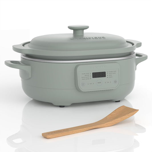 MAGNIFIQUE 4 Quart Claypot Multi-Cooker, with 8-in-1 Casserole Programmable Slow Cooker, Dutch Oven, Pasta, Nonstick Oven Safe Pot to 450°F, Olive