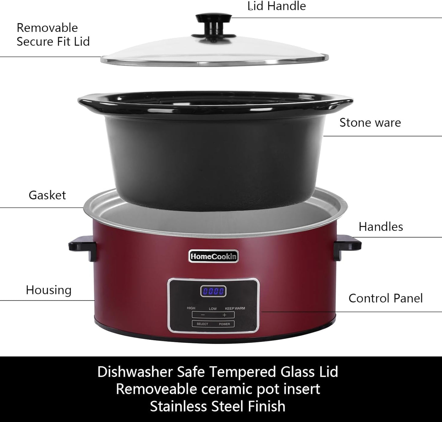 HOMECOOKIN 6 Quart Programmable Slow Cooker, Kitchen Appliances, Perfect Kitchen Small Appliance for Family Dinners, Red Stainless Steel