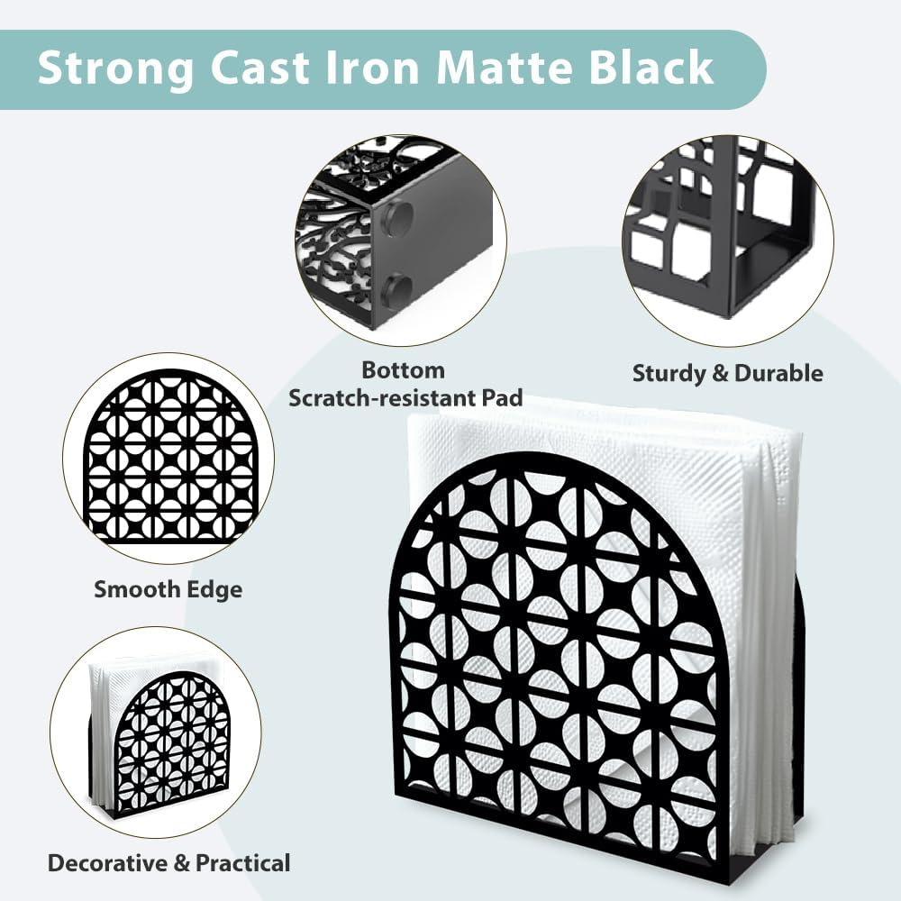 Modern Geometric Round Decorative Black Metal Napkin Holder for Table, 4.9" x 4.9" x 1.9" Standing Napkin Holder for Home Kitchen Restaurant Picnic Party Coffee Bar Dining Room