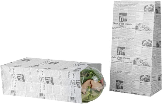 Bag Tek 8 Lb Disposable Lunch Bags, 100 Sturdy Take Out Bags - Flat Bottom, Microwavable, Newsprint Design Paper Bags, Freezable, Great For Restaurants, Cafes, And Bakeries - Restaurantware