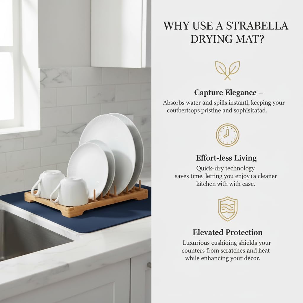 Dish Drying Mat Super Absorbent – 16" x 18" Coffee Mat for Countertops – Non-Slip Drying Mat for Kitchen Counter – Easy to Clean Water Absorbent Mat – Large Dish Drying Mats (Navy Blue)