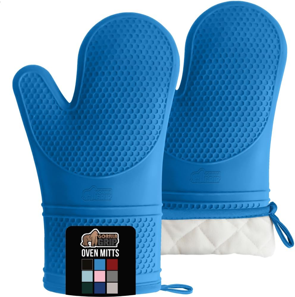 GORILLA GRIP BPA-Free Soft Silicone Oven Mitts, Heat Resistant and Waterproof Cooking Gloves, Thick Cotton Lining, Flexible Gripping for Baking Grilling, Kitchen Potholders Set of 2, 12.5x8.3, Aqua