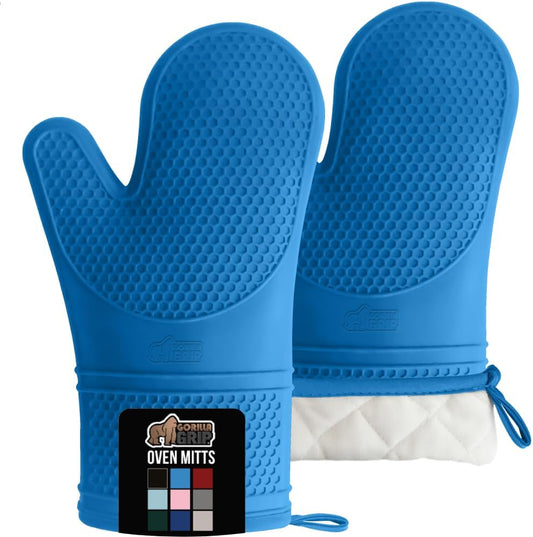 GORILLA GRIP BPA-Free Soft Silicone Oven Mitts, Heat Resistant and Waterproof Cooking Gloves, Thick Cotton Lining, Flexible Gripping for Baking Grilling, Kitchen Potholders Set of 2, 12.5x8.3, Aqua