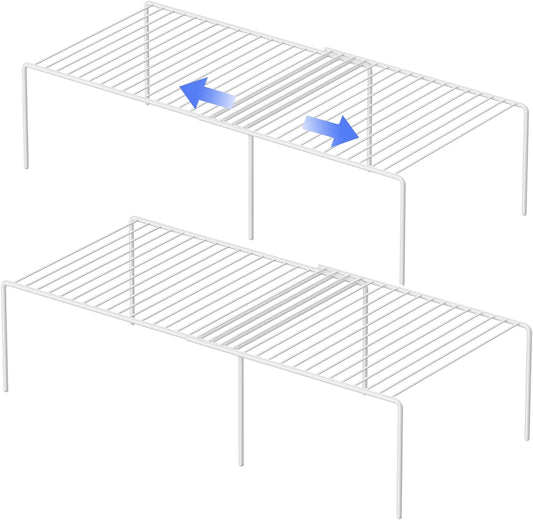 Redrubbit 4-Piece Expandable Metal Rustproof Storage Shelf Rack, Kitchen Counter and Cabinet Organizer, Space Saver for Fridge, Bathroom, White, Set of 2