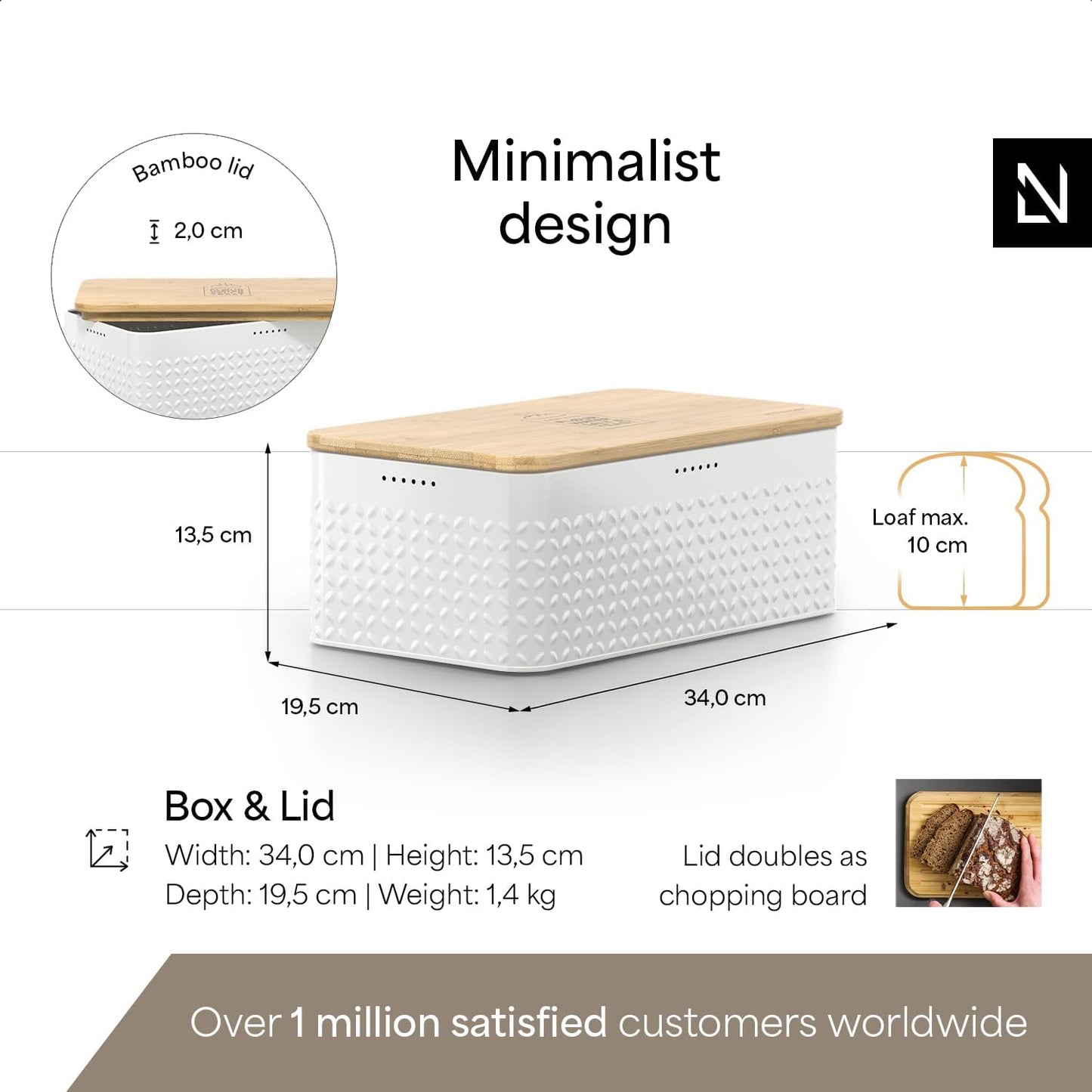 LARS NYSØM Bread Box I Metal Box with linen bag for long lasting freshness I Bread Bin with bamboo lid usable as cutting board I 13.4x7.3x5.3In (Pure White)