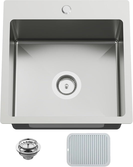 18x18 In Drop In Kitchen And Bar Sink- Stainless Steel Drop In Kitchen Sink Modern Single Bowl Topmount Bar Sink With Silicon Mat,Drain Strainer Set Compatibility With Various Kitchen & Bar Style