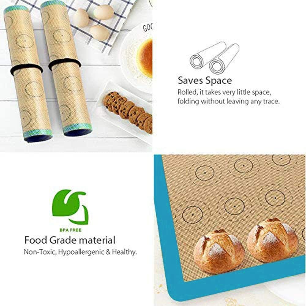 Macaron Silicone Baking Mat - Set of 2 Non Stick Silicon Macaroon Baking Sheet Cookie Liner(BPA Free/Reusable/Half Sheet),Perfect Cooking Kit for Macarons,Pastry,Cake and Bread Making (Blue)