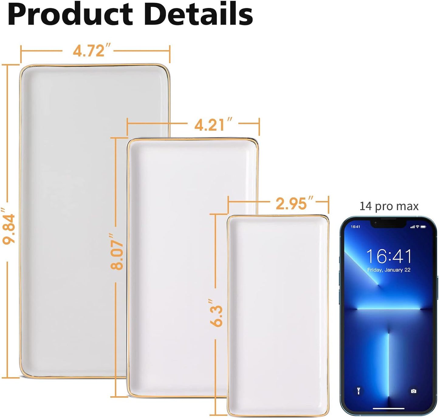 Gurygo 8" Bathroom Tray, Ceramic Vanity Trays for Bathroom, Small Ceramic Trays, Kitchen Soap Tray for Kitchen Counter (White with Gold-Edged, 8",Set/1)