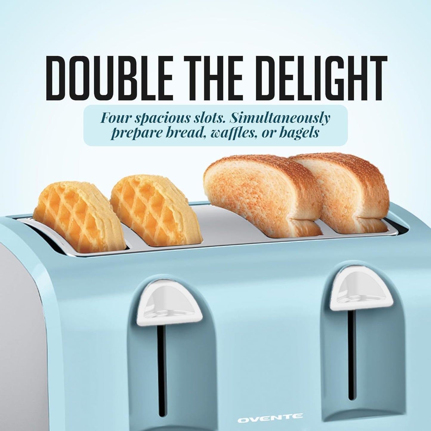 OVENTE Electric 4-Slice Toaster Machine with 6-Shade Selector Setting, Cancel Button, Defrost Function, Crumb Tray, 1400W Power and Wide Slots for Bagels, Waffles and Puff Pastry, Light Blue TS4410LBL