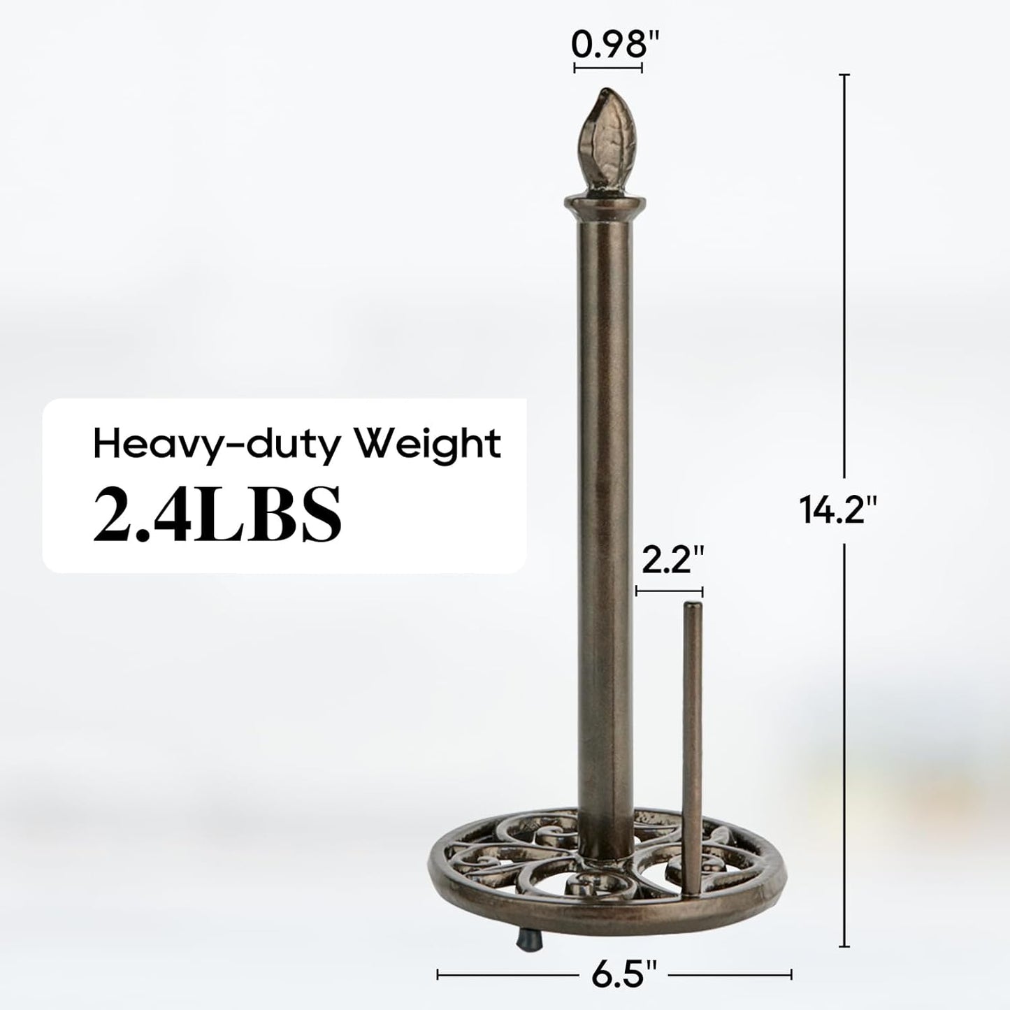 JOGREFUL Paper Towel Holder Stand, Cast Iron Kitchen Paper Towel Countertop Vintage Stand with Weighted-Base, Bathroom Organization for Family Standard Large Size Roll Paper, Leaf Top, Coffee Gold