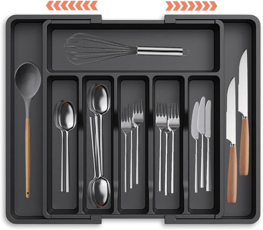 Silverware Drawer Organizer - Expandable Deep Utensil Organizer for Kitchen Drawers(13"-22.4" x 15", Black)