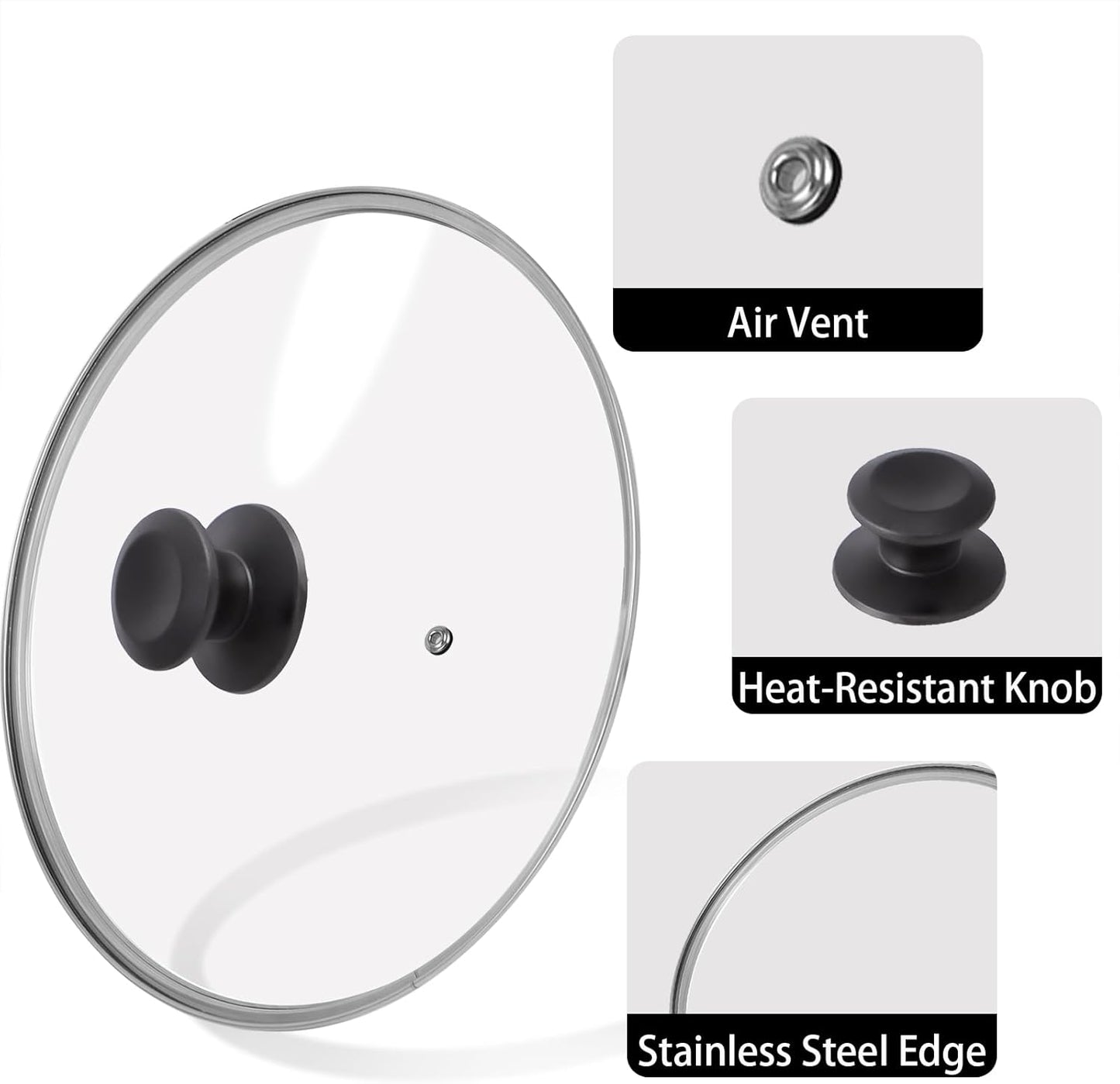 12 inch Tempered Glass Lid for Pots, Frying Pans and Skillets, Replacement Cover with Heat Resistant Black Knob Handle, Dishwasher Safe