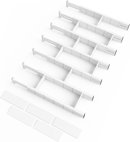 SpaceAid Bamboo Drawer Dividers with Inserts and Labels, Kitchen Adjustable Drawer Organizers, Expandable Organization for Home, Office, Dressers, 7 Dividers with 15 Inserts (17"-22" White)