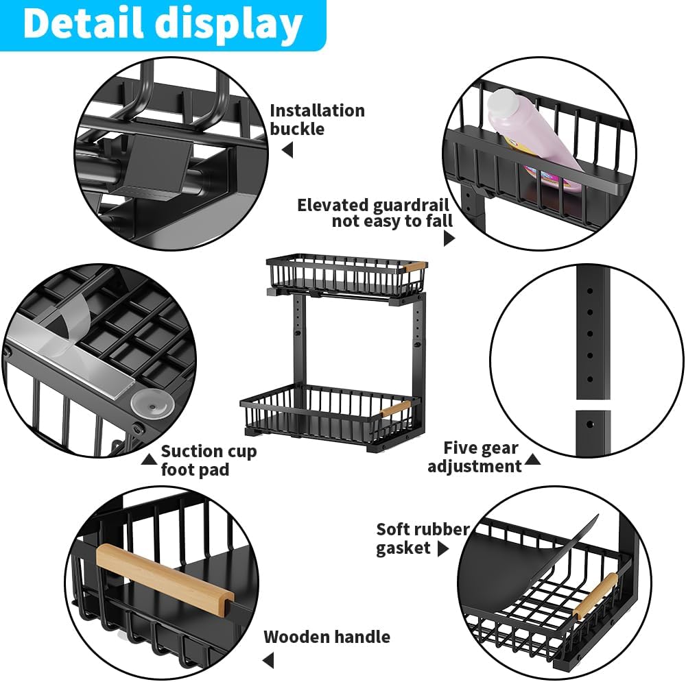 Under Sink Organizer, 2 Tier Metal Under Sink Organizers and Storage, Height Adjustable Slide out Pull out Cabinet Organizer for Kitchen Bathroom