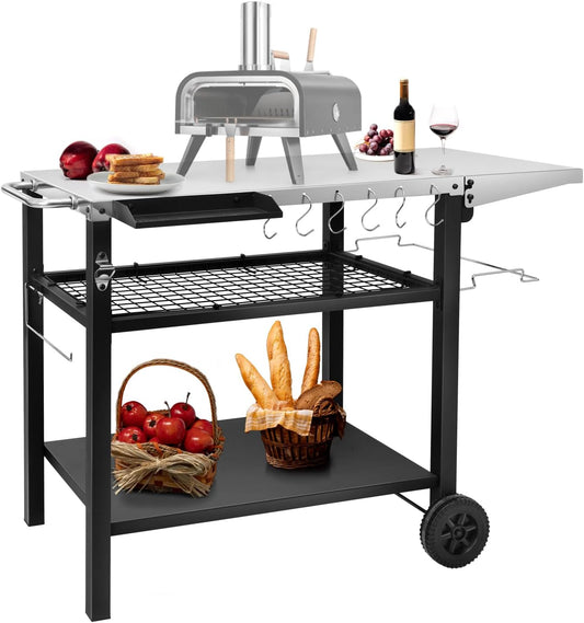 EDOSTORY Outdoor Grill Cart Pizza Oven Stand, Three-Shelf Stainless Steel Food Prep Table Patio BBQ Grill Table Bar Cart Kitchen Island with Wheels