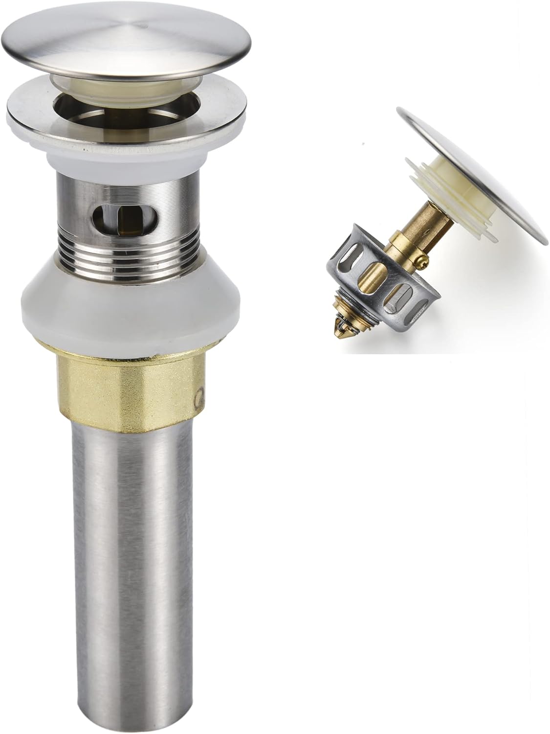 Bathroom Sink Drain,Drain Stopper Bathroom Sink with Overflow,Pop Up Drain Assembly with Detachable Strainer Basket,Built-in Anti-Clogging Strainer,Stainless Steel Brushed Nickel