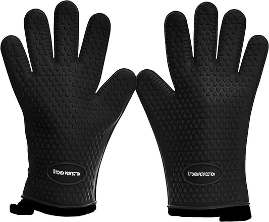 KITCHEN PERFECTION XL Silicone Smoker Oven Gloves -Extreme Heat Resistant BBQ Gloves -Handle Hot Food Right on Your Grill Fryer & Pit | Waterproof Oven Mitts Grill Gloves |Superior Value Set+3 Bonuses