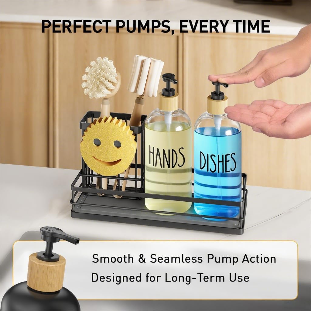 Moforoco Kitchen Dish Soap Dispenser Set, 16OZ Glass Bottle, Hand and Dish Soap Dispenser Set, Instant Dry Tray, Non-Slip Silicone Pad, Brush Holder with Sponge Holder, Kitchen Decor（Clear Bottle）