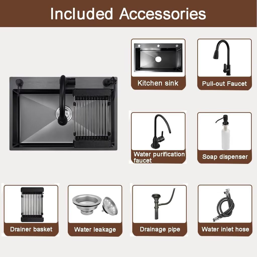 Black Drop in Kitchen Sink, Stainless Steel Single Bowl Sink with 3 Holes, Topmount Workstation Sink, Farmhouse Rectangle Basin with Multiple Accessories (26.8 * 17.7 * 7.9in)