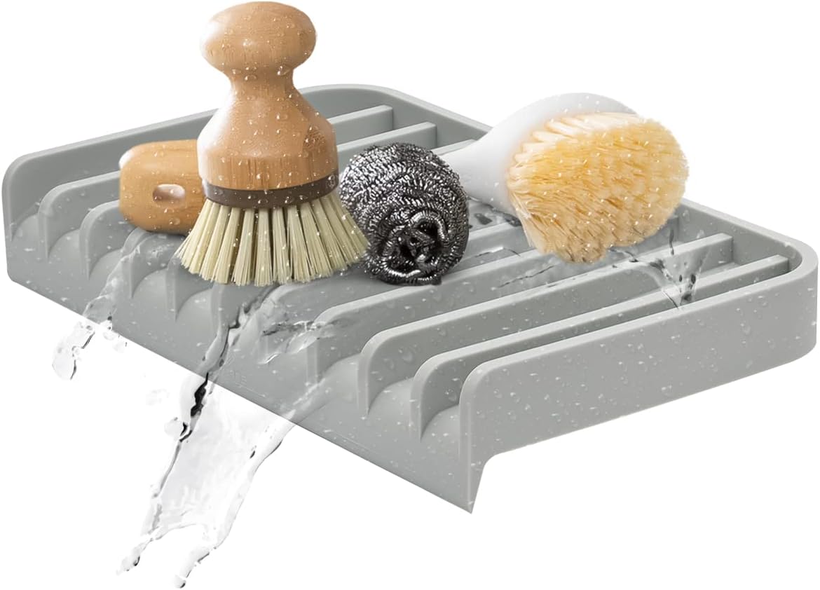 Effilogic Silicone Sponge Holder – Self-Draining Kitchen Sink Organizer, Quick Dry Mat and Counter Protector – Dishwashing Accessories for Sponges, Brushes, and Soap - Large Gray