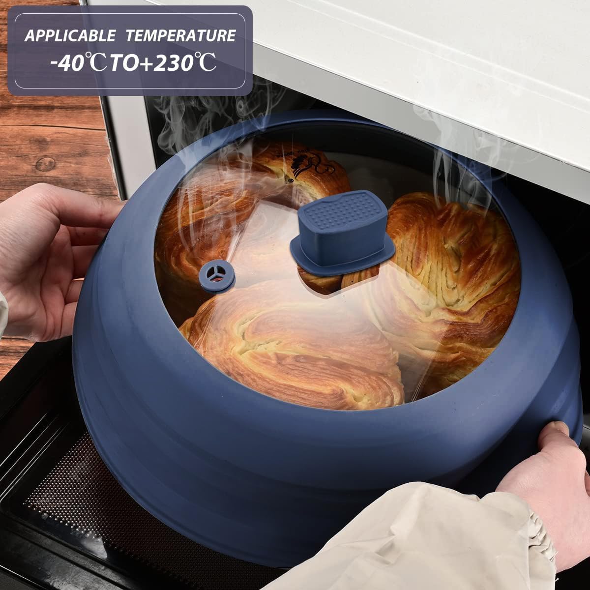 Microwave Splatter Cover Glass Cover Guard Lid with Collapsible Silicone for Food Pot Plate Cover 11.8 inch Dark Blue