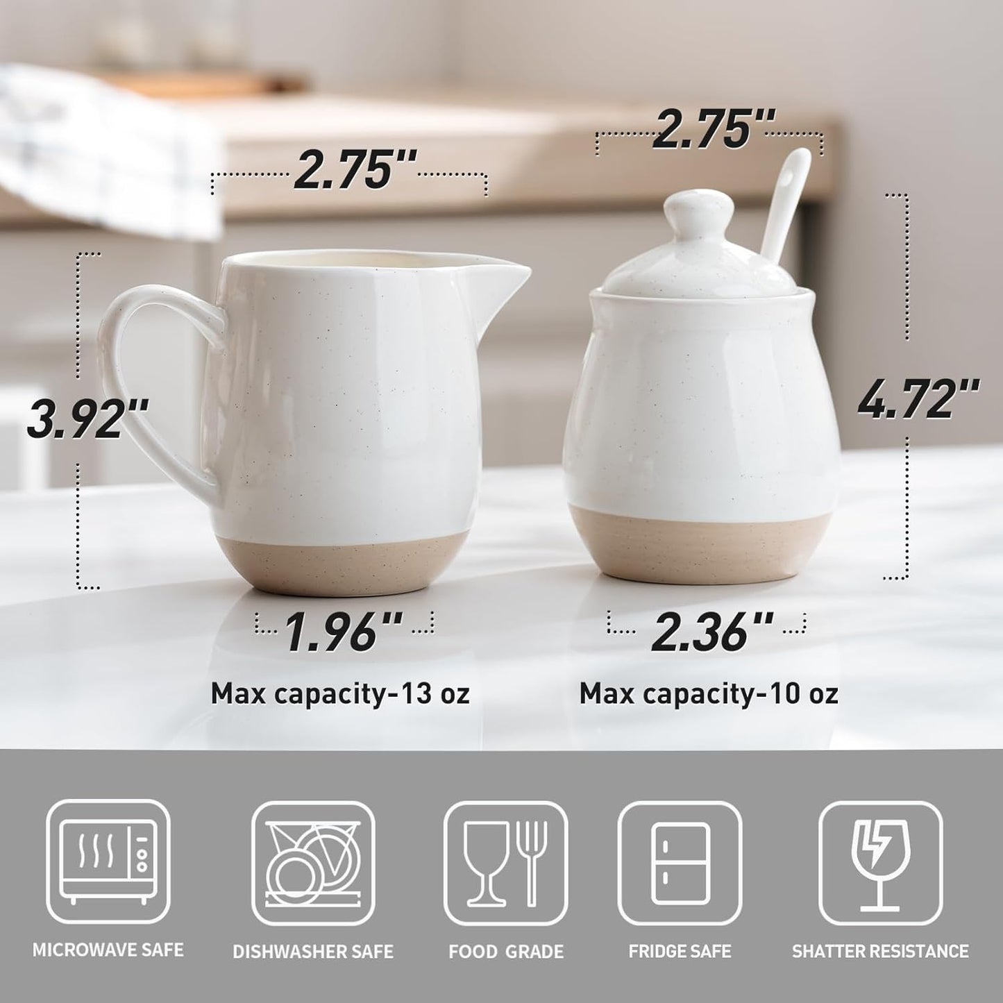 famiware Milkyway Ceramic Sugar and Creamer Set, 10oz Sugar Bowl & 13oz Creamer Set – Stoneware Milk Pitcher & Sugar Dispenser for Coffee Bar, Kitchen, or Countertop, Coffee Serving Set, White