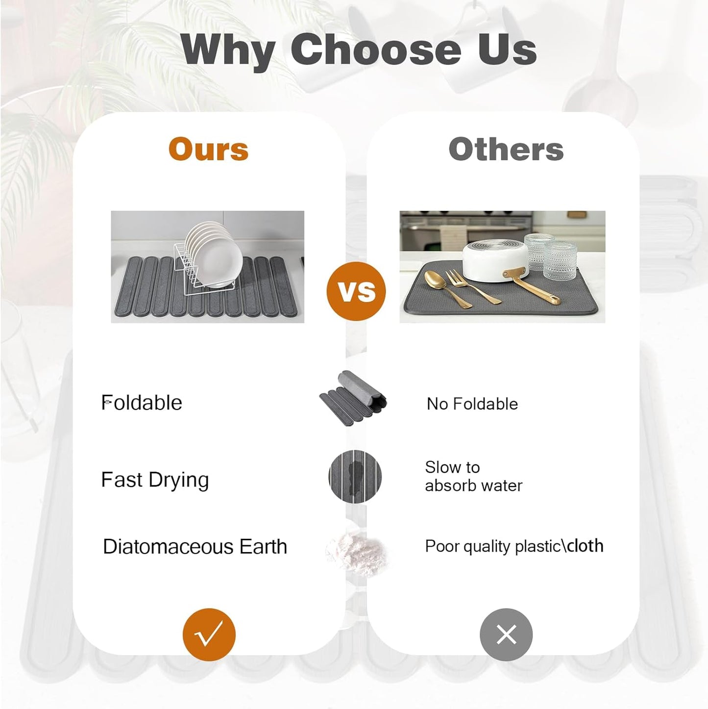 Stone Dish Drying Mat or Kitchen Counter, Quick Dry Stone Mat Kitchen for Dishes Bottles Cups, Large Foldable Diatomaceous Earth Dish Drying Mats Match Any Countertop, Dark Grey