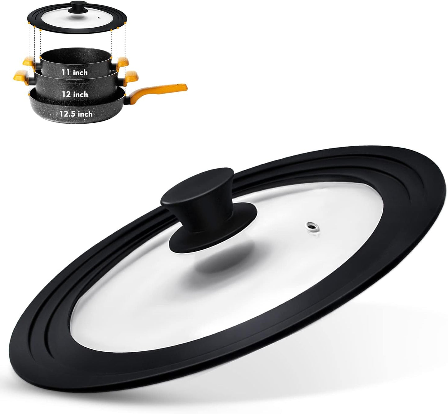 Universal Lid for Pots, Pans and Skillets, Pot Lid With Heat Resistant Silicone Rim and Tempered Glass, Fits 11", 12", 12.5" Diameter Pots and Pans