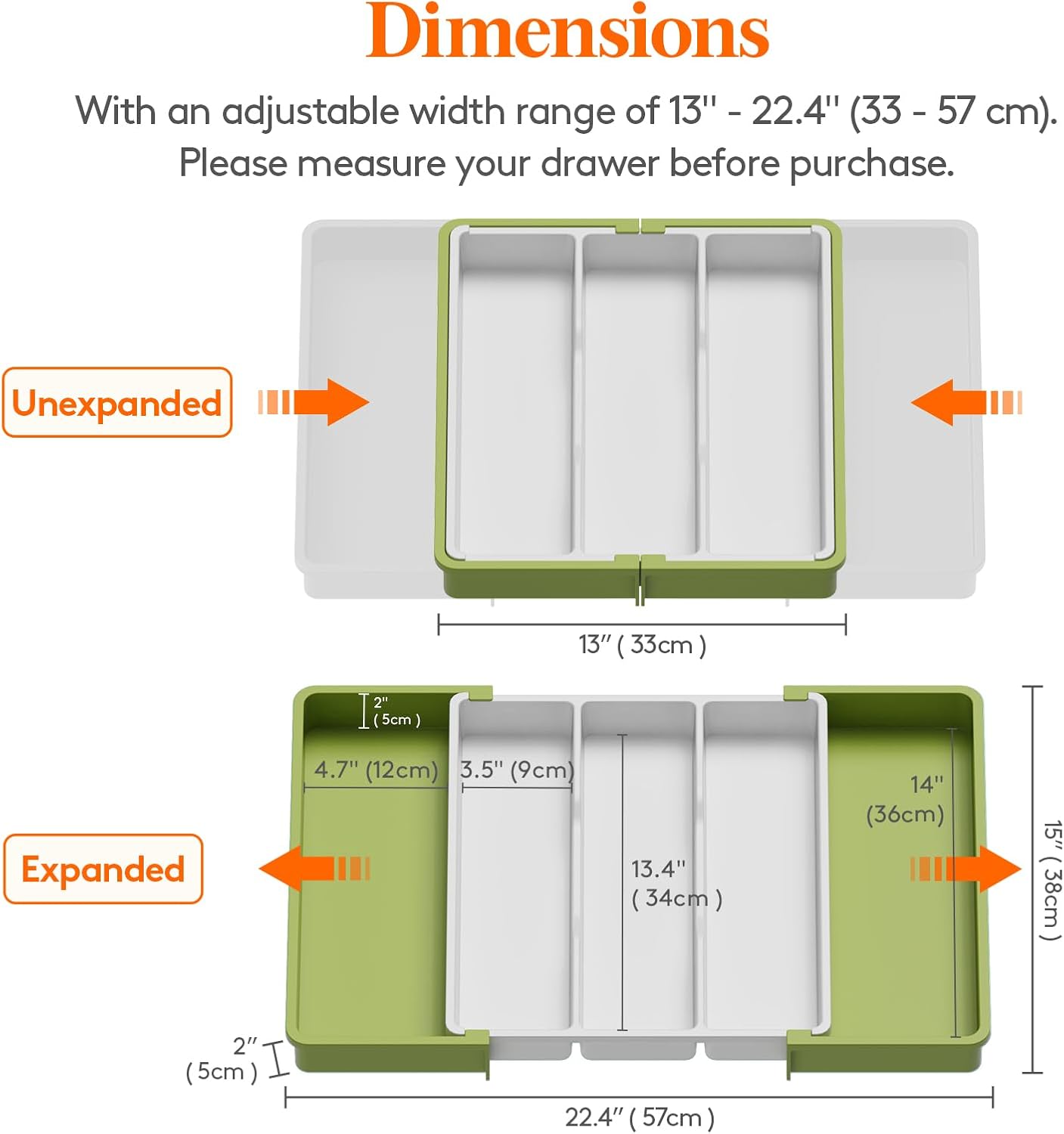 Lifewit Utensil Organizer for Kitchen Drawers, Expandable Cooking Utensil Tray, Adjustable Cutlery Silverware Flatware Holder, Spatula Tools and Gadgets Storage Divider, 13"-22.4" x 15", Green&White