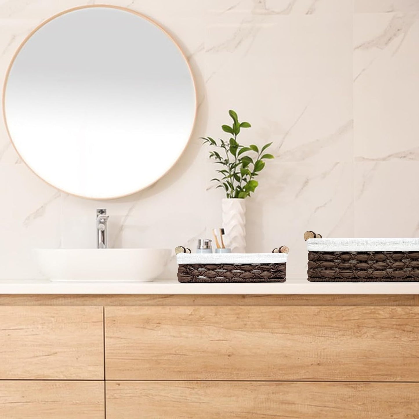 Storage Basket Wicker Baskets for Organizing with Handle Decorative Storage Bins for Countertop Toilet Paper Storage Basket for Toilet Tank Top Small Baskets Set (Set of 2)