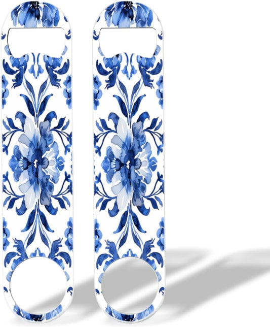 2 PACK Beer Bottle Opener, Stainless Steel Flat Bottle Openers,7 inch Metal Decor,Blue And White Hand-Painted Flower