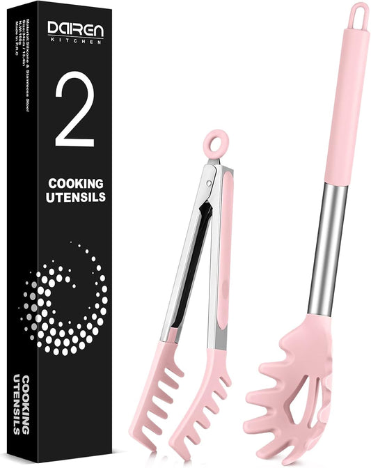 Spaghetti Spoon and Pasta Tong, Non-stick Silicone Spoon Server Fork With Teeth and Stainless Steel Handle, Food Clip for Noodles, Pink