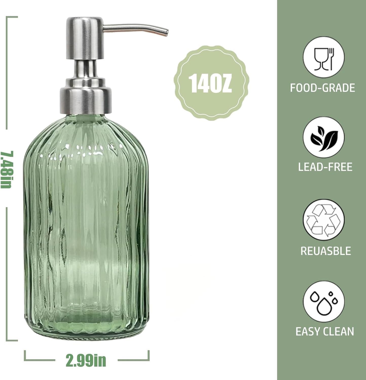 14Oz Green Soap Dispenser Bathroom - 2 Pack, Clear Glass Hand Soap Dispensers with Stainless Steel Pump, Refillable Dish Soap Dispenser with Funnel for Kitchen, Countertop Soap Dispensers