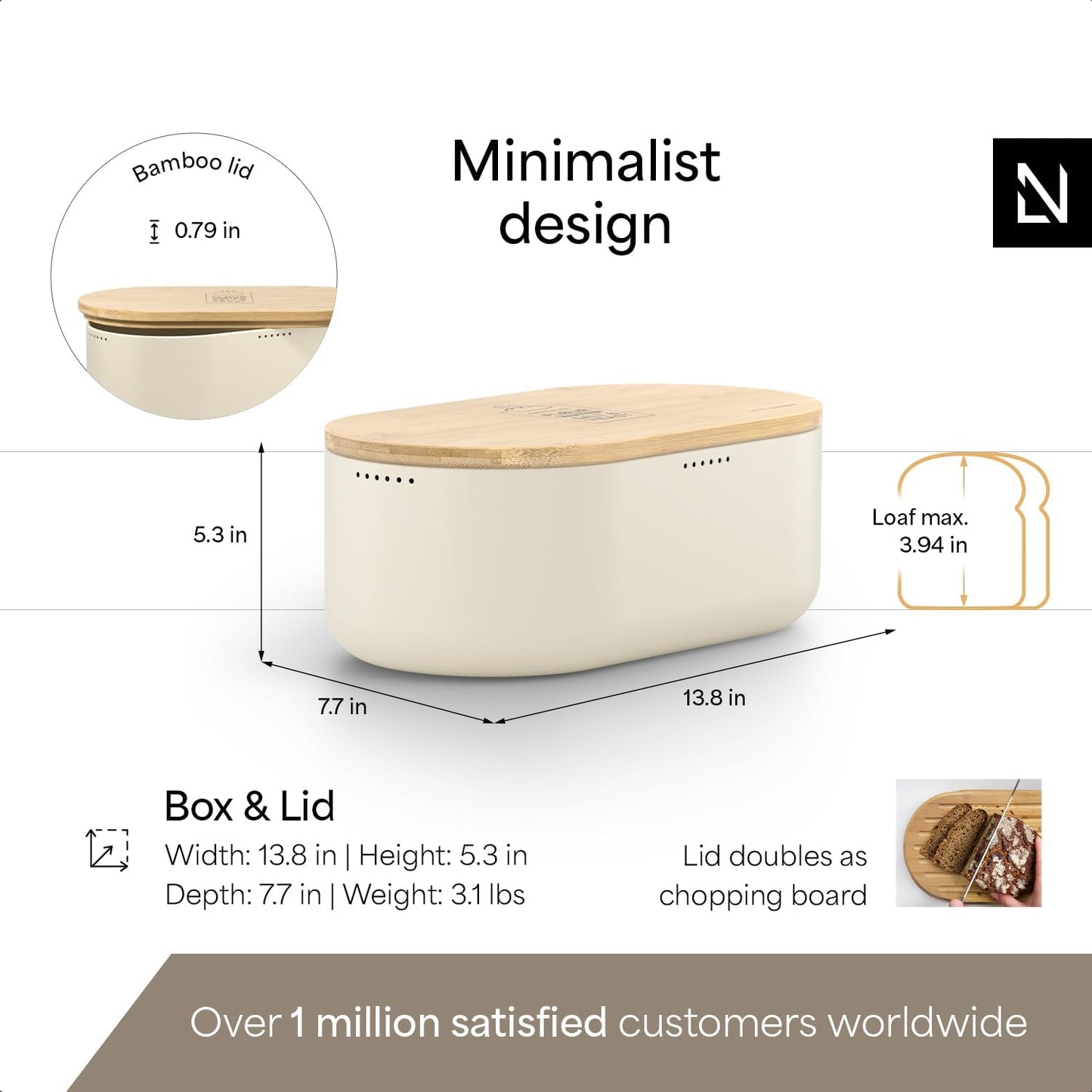 LARS NYSØM Bread Box I Metal Box with linen bag for long lasting freshness I Bread Bin with bamboo lid usable as cutting board I 14.2x7.5x5.1 In (Almond Beige)