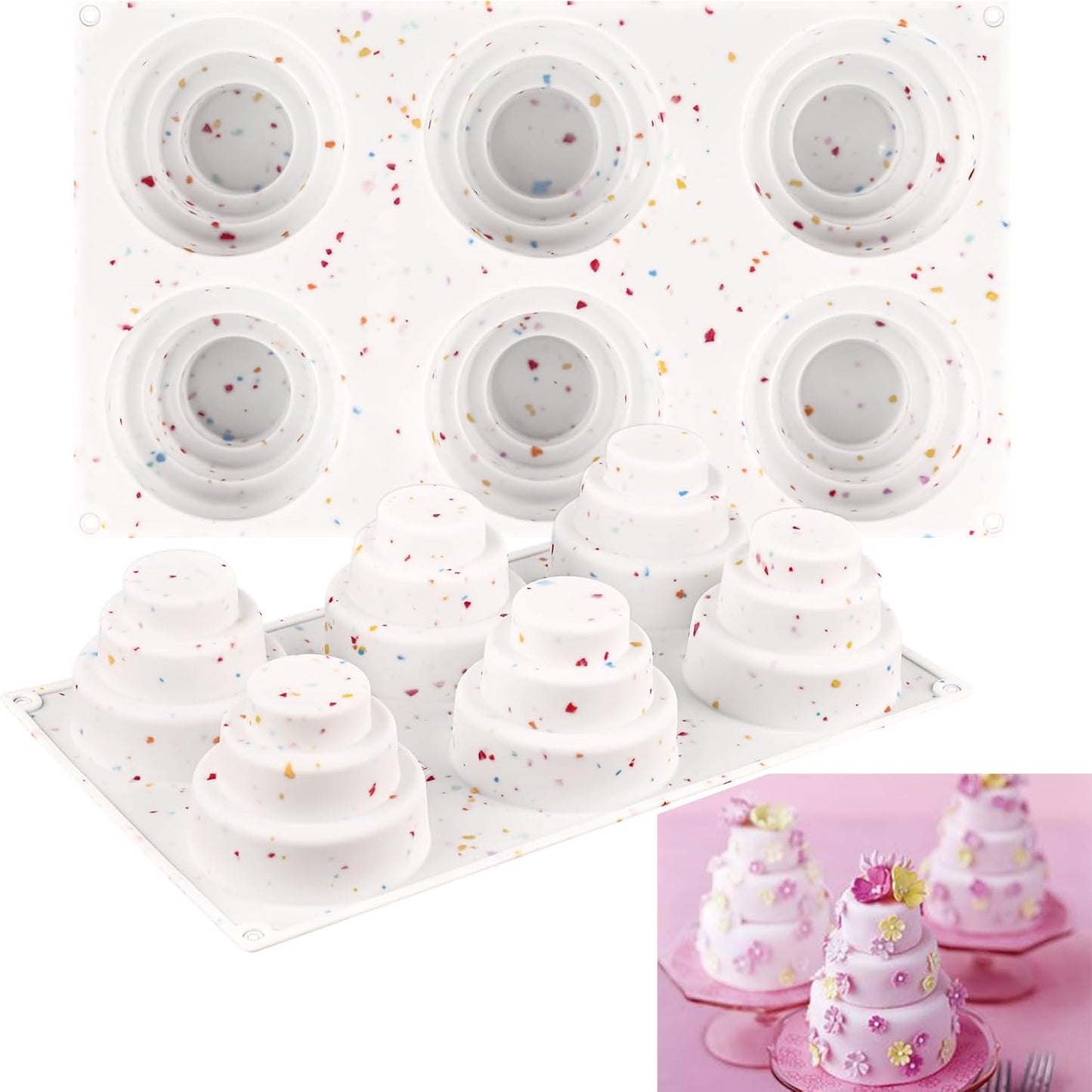 Sakolla 2 Pack 3 Tier Mini Cake Molds, BPA Free 6 Cavity Silicone Cakepop Molds Shapes for Baking Cake Pop, Cakesicle, Brownie and Mousse (Confetti)