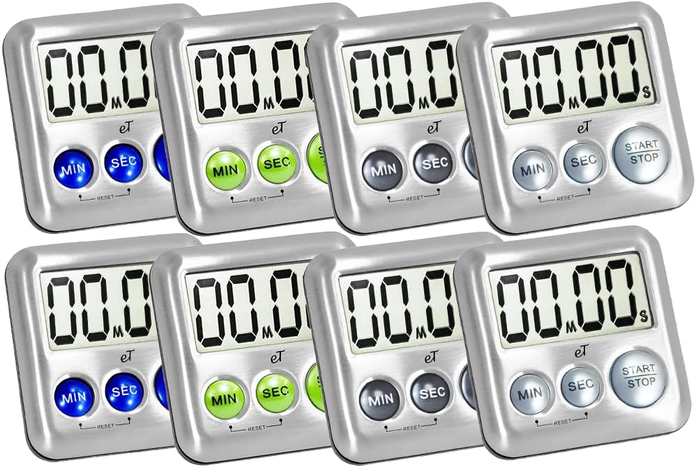 Elegant Digital Kitchen Timer Stainless Steel - Variety 8 Pack - Strong Magnet - Loud Alarm - Large Display - Auto Memory - Auto Shut-Off - (2 Each Silver, Lime, Plumberry, Charcoal 8-Pack)