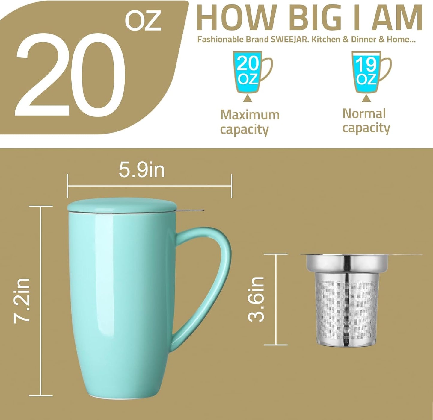 Sweejar Porcelain Tea Infuser Mug with Lid, 20 oz Teacup with Strainers for Loose Leaf Tea, Microwave and Dishwasher Safe Coffee Mug(Jade)