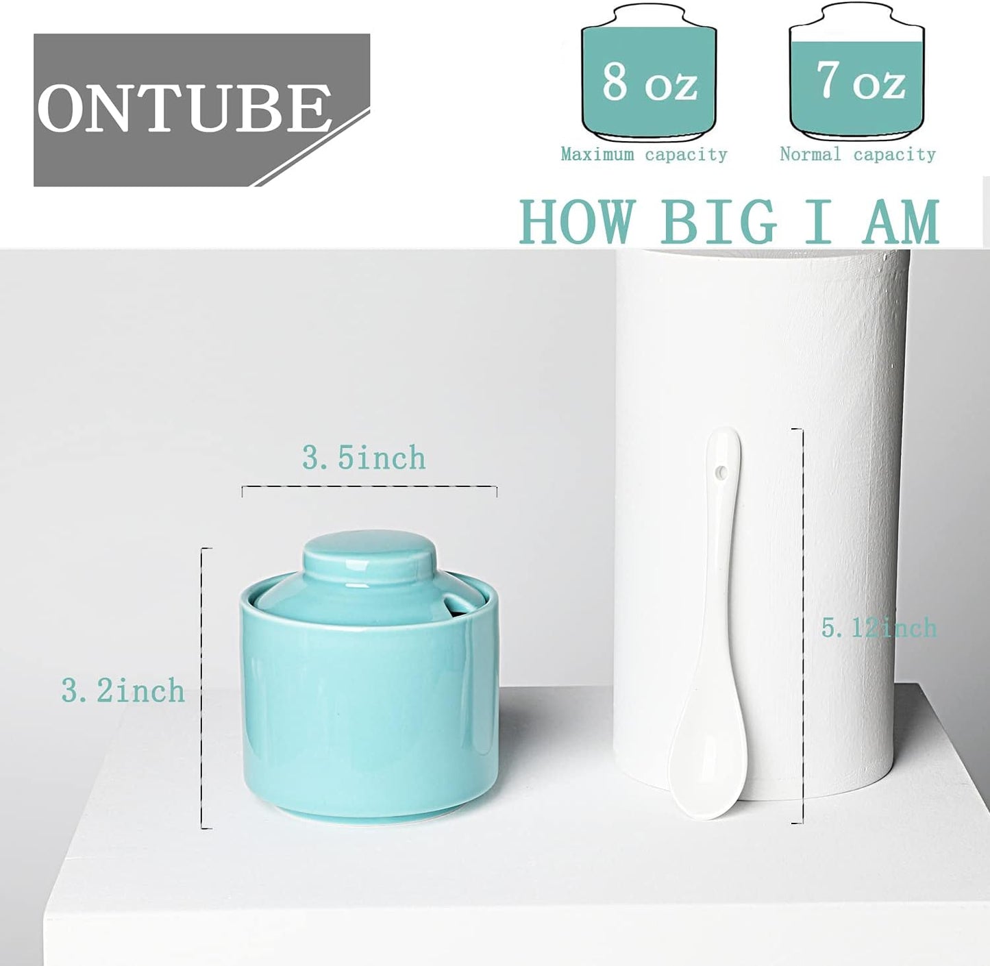 ONTUBE Ceramic Sugar Bowl with Lid and Spoon,Porcelain Seasoning Box Salt Bowl,8oz （Turquoise Blue）