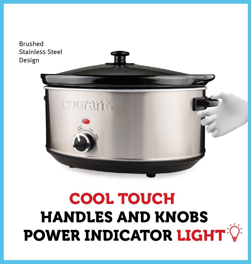 Courant Oval Slow Cooker Crock, with Easy Options 7 Quart Dishwasher Safe Pot, Stainless Steel