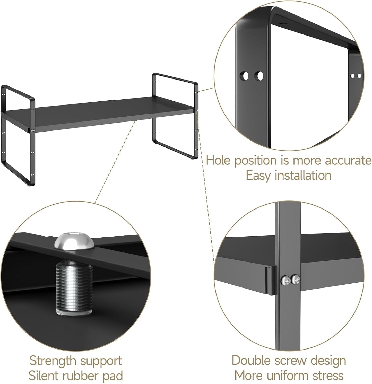 16.5~27.1" Expandable Shelf Organizer, 2Pack 8.1" Wide Stackable Cabinet Shelf Organizers, Black Metal Sturdy Kitchen Counter Storage for Countertop, Adjustable Height Spice Rack