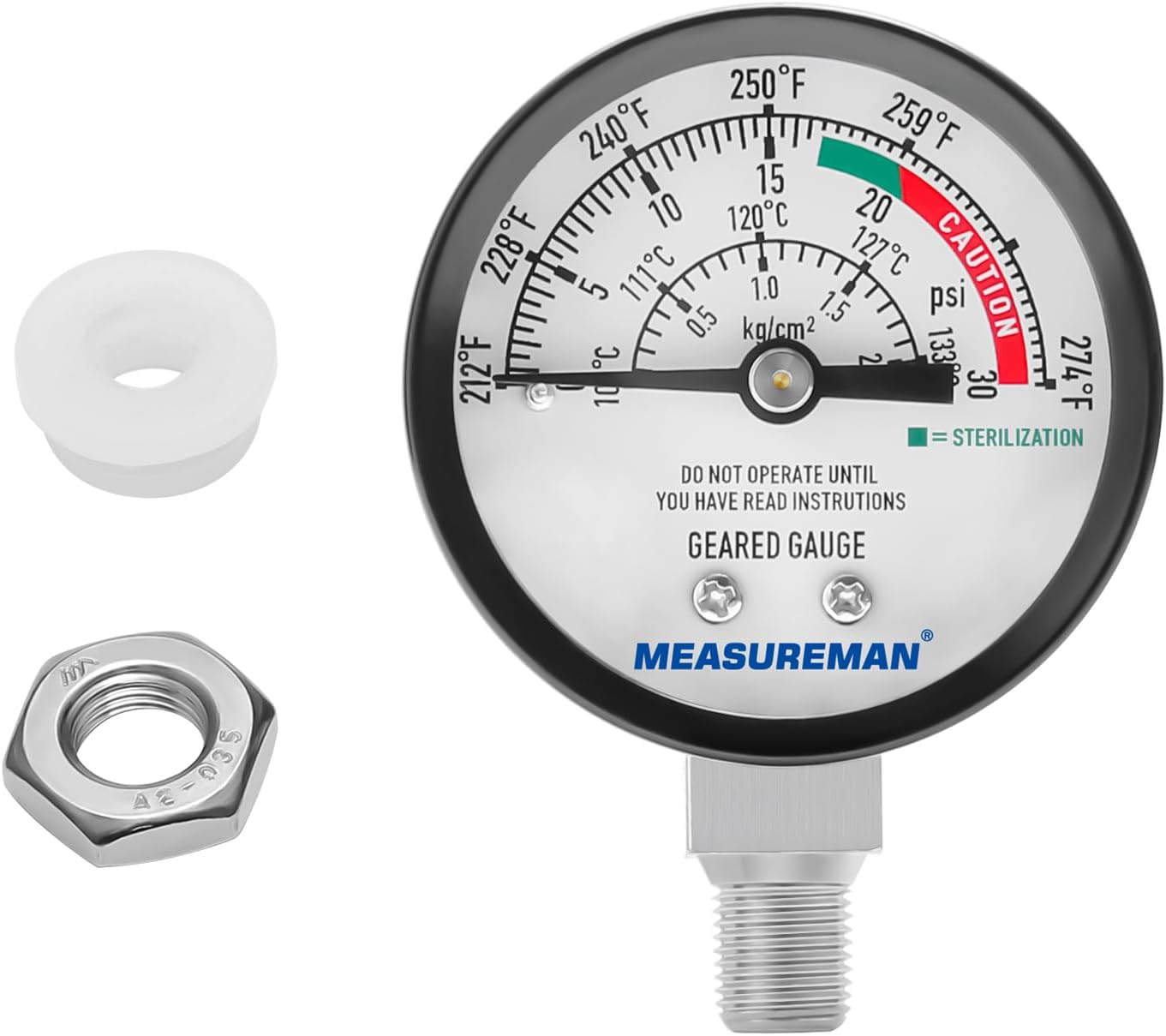 MEASUREMAN Black Steel Pressure Cooker Gauge, Pressure Canner Gauge, Steam Pressure Gauge, 2" Dial, Lower Mount, Including Hexagon Gasket and Nut
